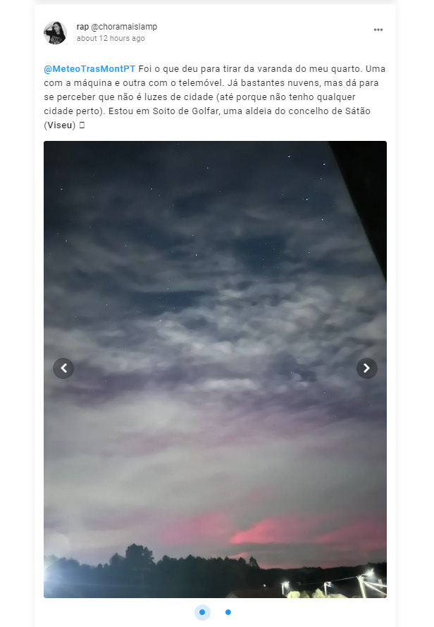  Aurora boreal vista na região de Viseu. Fenómeno registado nas redes sociais