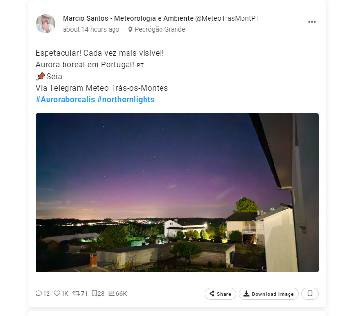  Aurora boreal vista na região de Viseu. Fenómeno registado nas redes sociais