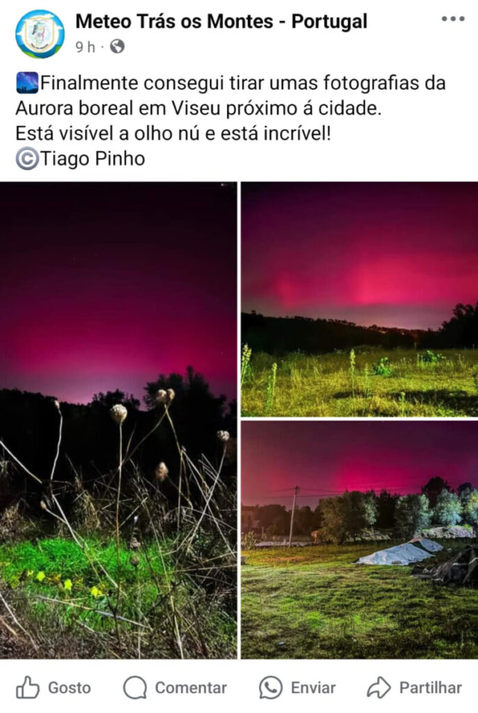  Aurora boreal vista na região de Viseu. Fenómeno registado nas redes sociais